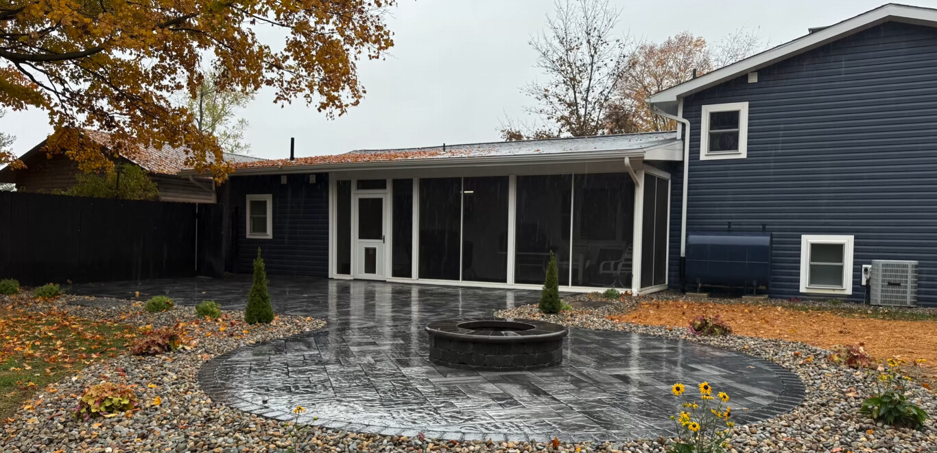 Stamped concrete patio with fire pit in West Haven, CT